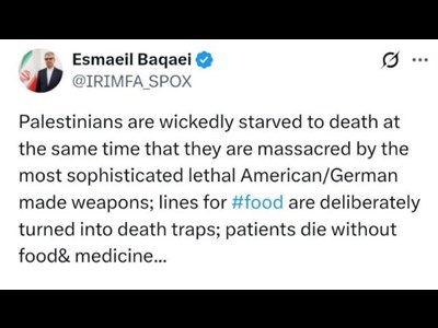 پیام سخنگوی وزارت امور خارجه در شبکه ایکس راجع به ضرورت اقدام فوری برای کمکرسانی به غزه و توقف نسلکشی