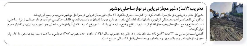 تخریب ۱۲ سازه غیر مجاز دریایی در نوار ساحلی نوشهر