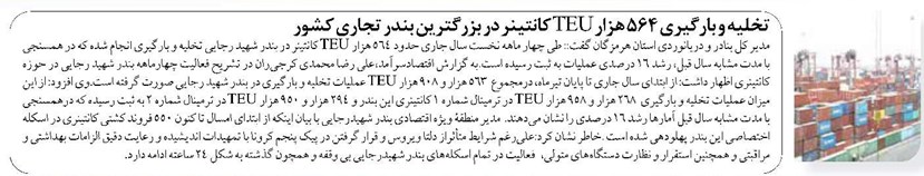 تخلیه و بارگیری ۵۶۴ هزار TEU کانتینر در بزرگترین بندر تجاری کشور