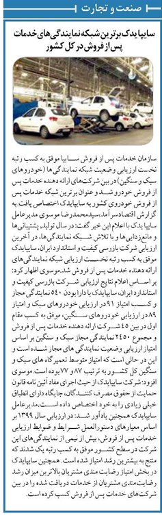 سایپا یدک برترین شبکه نمایندگیهایخدمات پس از فروش در کل کشور