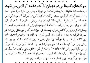 مرگهای کرونایی در تهران تا آخر هفته ۲ رقمی میشود