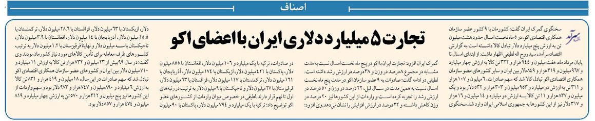 تجارت ۵ میلیارد دلاری ایران با اعضای اکو