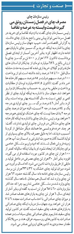 رئیس سازمان چای مصرف چای در فصل زمستان رونق می گیرد؛ قیمت وابسته به عرضه و تقاضا