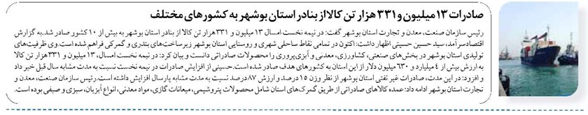 صادرات 13 میلیون و ۳۳۱ هزار تن کالا از بنادر استان بوشهر به کشورهای مختلف