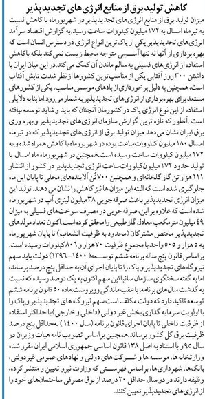 کاهش تولید برق از منابع انرژیهای تجدیدپذیر