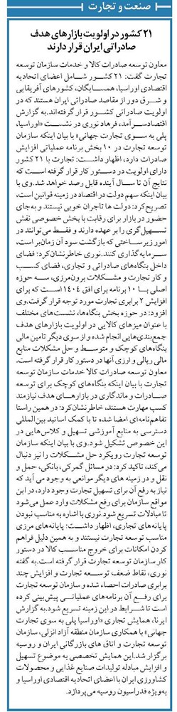 ۲۱ کشور در اولویت بازارهای هدف صادراتی ایران قرار دارند