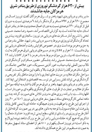 بیش از ۶۲۰ هزار گردشگر نوروزی ازطریق بنادر شرق هرمزگان جابه جا شدند