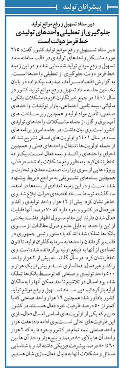 دبیر ستاد تسهیل و رفع موانع تولید جلوگیری از تعطیلی واحدهای تولیدی خط قرمز دولت است