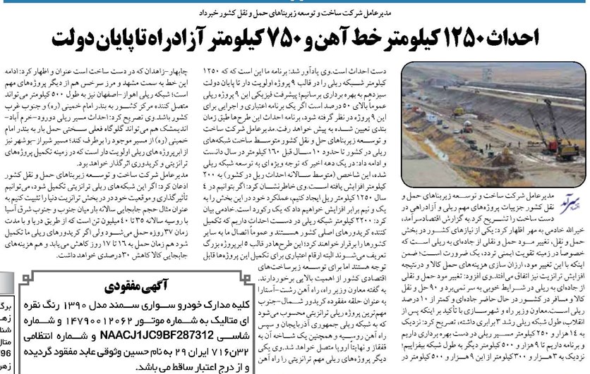 احداث ۱۲۵۰ کیلومتر خط آهن و ۷۵۰ کیلومتر آزادراه تا پایان دولت