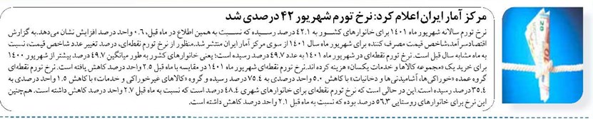 مرکز آمار ایران اعلام کرد: نرخ تورم شهریور ۴۲ درصدی شد
