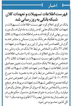 فهرست اطلاعات تسهیلات و تعهدات کلان شبکه بانکی به روز رسانی شد