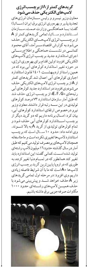 گریدهای کمتر از A از برچسب انرژی لامپهای الکتریکی حذف میشود