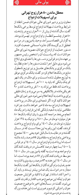 معطل ماندن ۸۰ هزار زوج تهرانی برای تسهیلات ازدواج