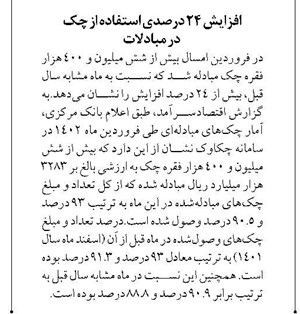 افزایش ۲۴ درصدی استفاده از چک در مبادلات