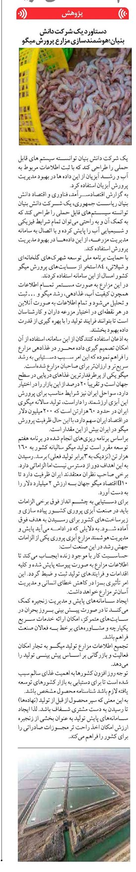 دستاورد یک شرکت دانش بنیان؛هوشمندسازی مزارع پرورش میگو