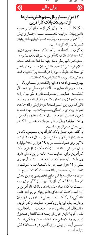 ۲۲هزار میلیار ریال سهم دانشبنیانها از تسهیلات بانک کارآفرین