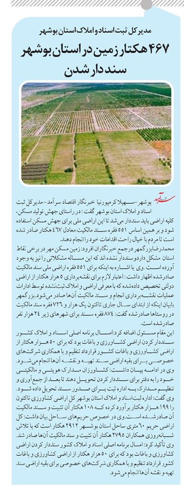 ۴۶۷ هکتار زمین در استان بوشهر سند دار شدن