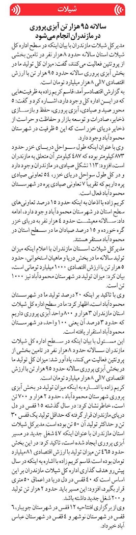 سالانه ۹۵ هزار تن آبزیپروری در مازندران انجام میشود