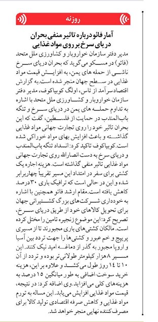 آمار فائو درباره تاثیر منفی بحران دریای سرخ بر روی مواد غذایی