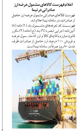 اعلام فهرست کالاهای مشمول عرضه ارز صادراتی در نیما