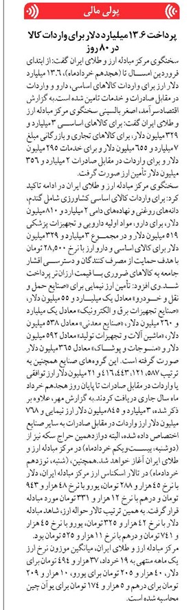 پرداخت ۱۳.۶ میلیارد دلار برای واردات کالا در ۸۰ روز