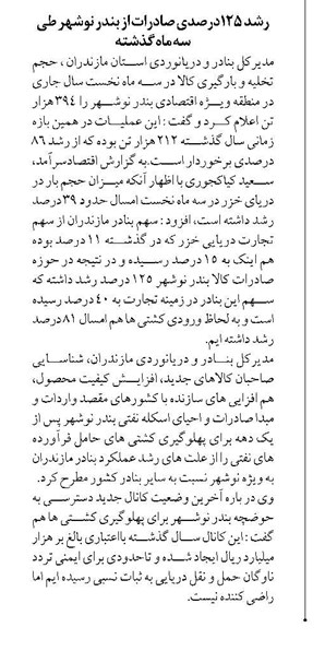 رشد ۱۲۵درصدی صادرات از بندر نوشهر طی سه ماه گذشته