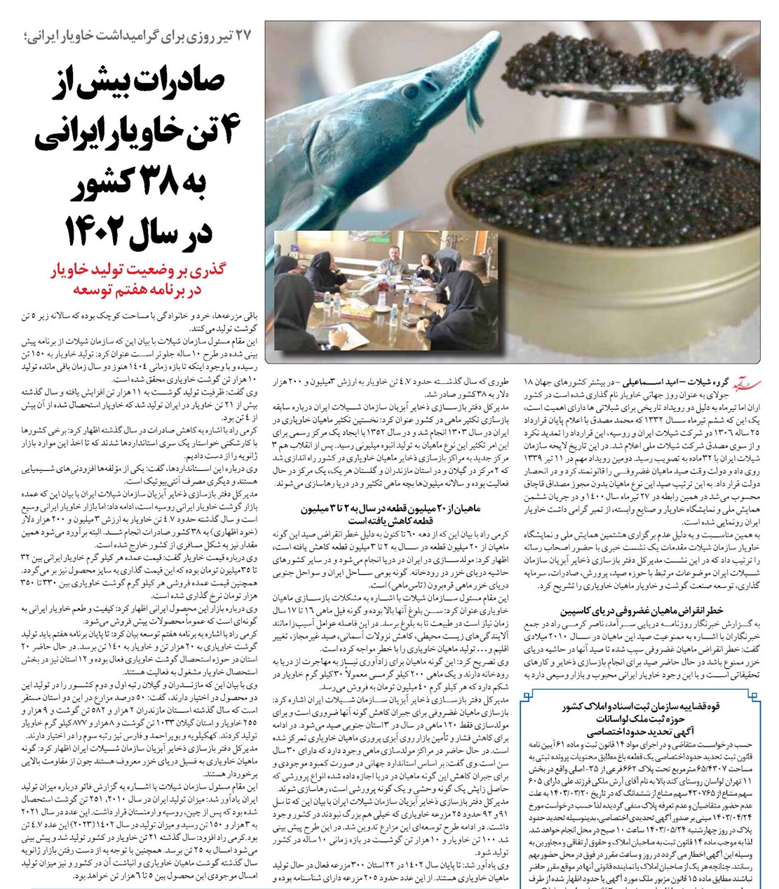 صادرات بیش از ۴ تن خاویارایرانی به ۳۸ کشور در سال 1402