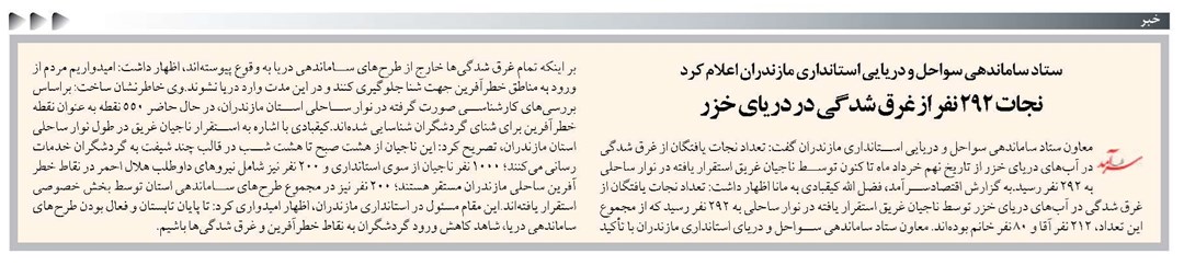 نجات ۲۹۲ نفر از غرق شدگی در دریای خزر