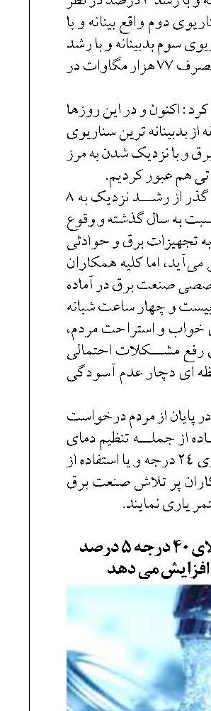 هر درجه دمای بالای ۴۰ درجه ۵ درصد مصرف آب را افزایش می دهد