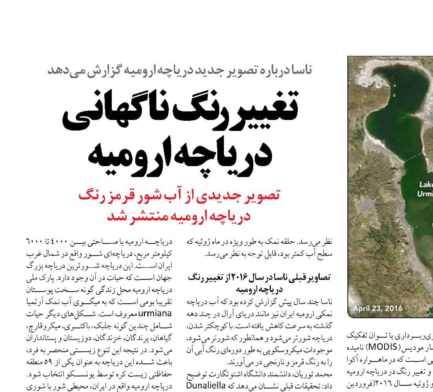 تغییر رنگ ناگهانی دریاچه ارومیه
