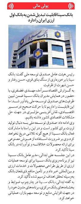 بانک سینا قابلیت تبدیل شدن به بانک اول ارزی ایران را دارد