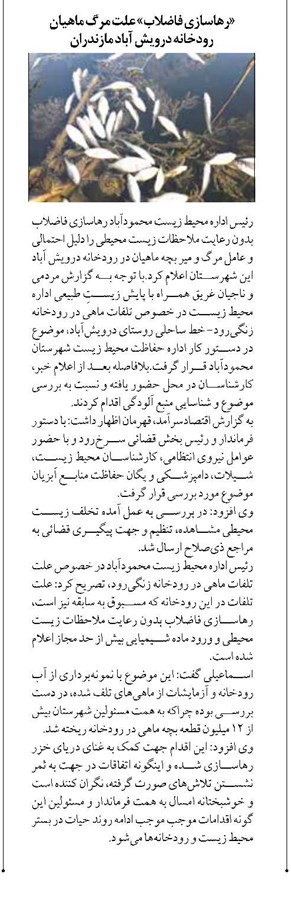 «رهاسازی فاضلاب» علت مرگ ماهیان رودخانه درویش آباد مازندران
