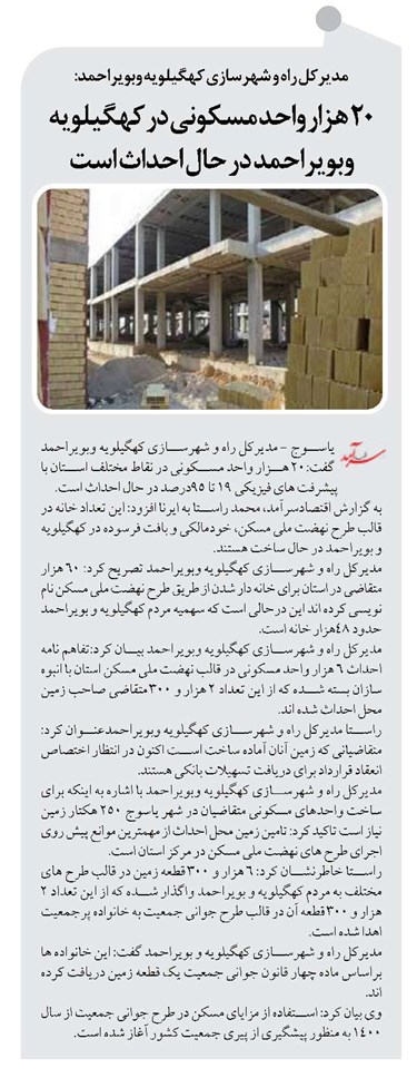 20 هزار واحد مسکونی در کهگیلویه وبویراحمد در حال احداث است