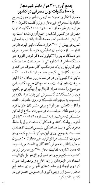 جمعآوری ۳۰۰ هزار ماینر غیرمجاز با ۱۰۰۰ مگاوات توان مصرفی در کشور