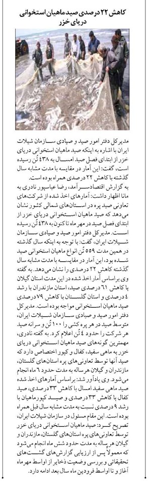 کاهش ۲۲ درصدی صید ماهیان استخوانی دریای خزر