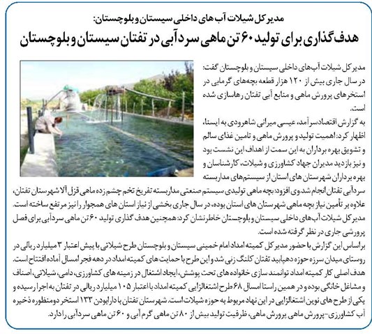 هدفگذاری برای تولید ۶۰ تن ماهی سردآبی در تفتان سیستان و بلوچستان
