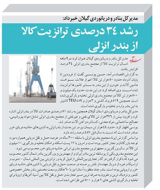 رشد ۳۴ درصدی ترانزیت کالا از بندر انزلی
