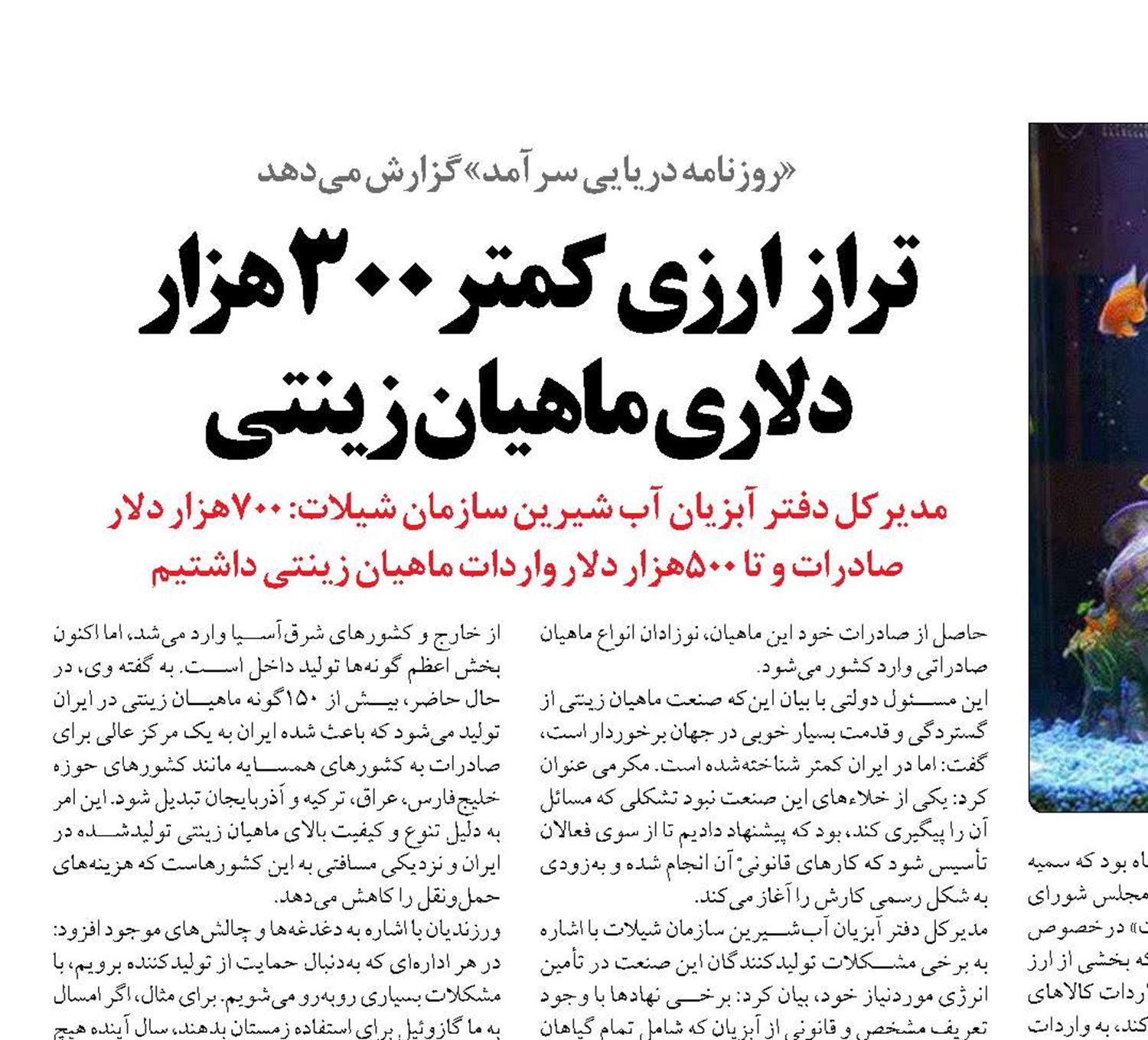تراز ارزی کمتر  300هزار دلاری ماهیان زینتی