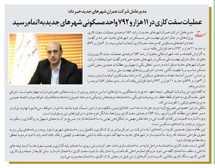 عملیات سفت کاری در ۱۱ هزار و ۷۹۲ واحد مسکونی شهرهای جدید به اتمام رسید