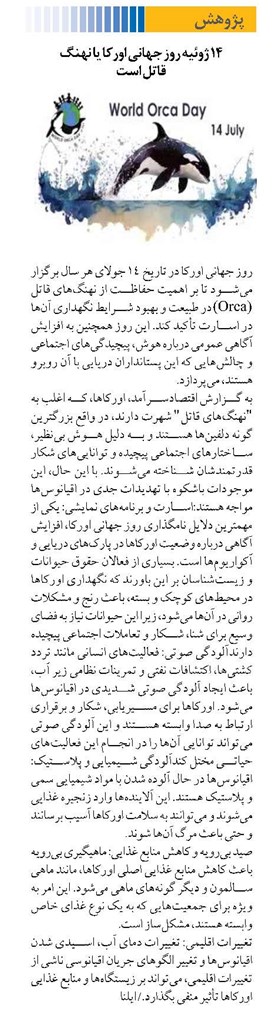 ۱۴ ژوئیه روز جهانی اورکا یا نهنگ قاتل است