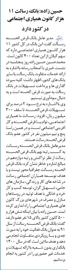حسین زاده: بانک رسالت ۱۱ هزار کانون همیاری اجتماعی در کشور دارد