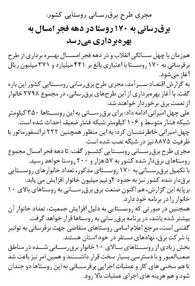 برقرسانی به 170 روستا در دهه فجر امسال به بهرهبرداری میرسد