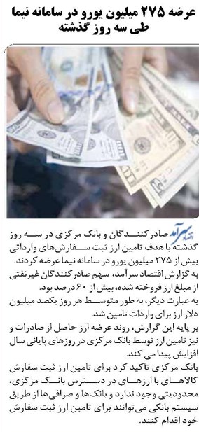عرضه 275 میلیون یورو در سامانه نیما طی سه روز گذشته
